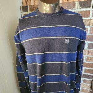 Chaps Sweater Pullover Blue & Black Striped Crewneck Long Sleeve Men's Sz Large